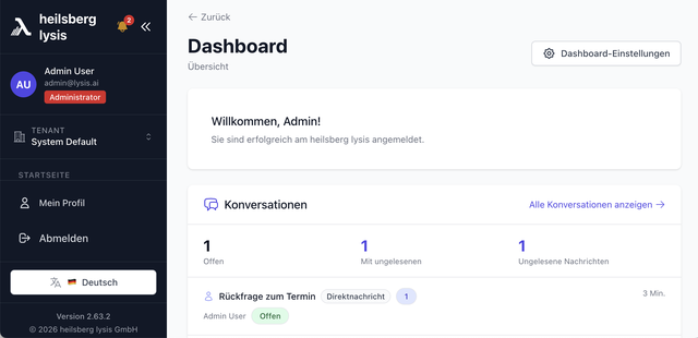 Dashboard der Lysis Plattform mit zentraler Übersicht und Modul-Navigation
