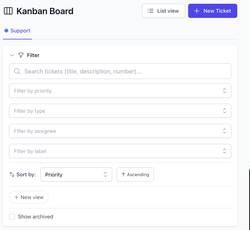 Ticketing system of the Lysis Platform with Kanban board, filters, and sorting options