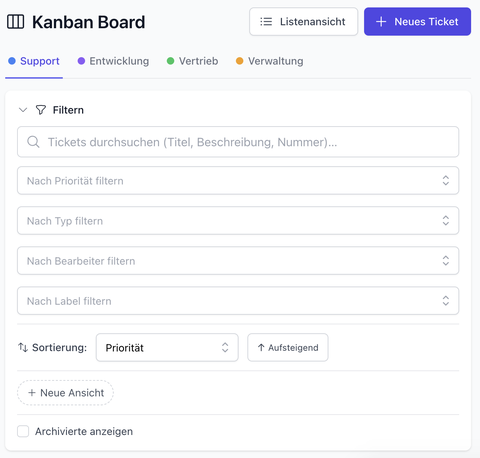 Ticketsystem der Lysis Plattform mit Kanban-Board, Zuständigkeiten, Notizen, Dateien und Fälligkeitsdatum